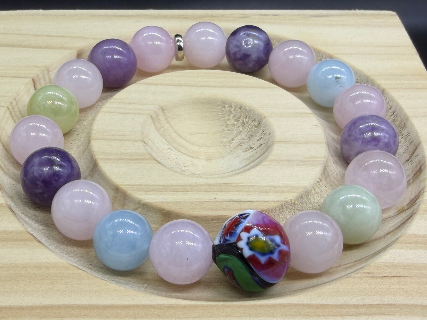 Bracelet bohème mix Béryls/ Lépidolite et Quartz rose