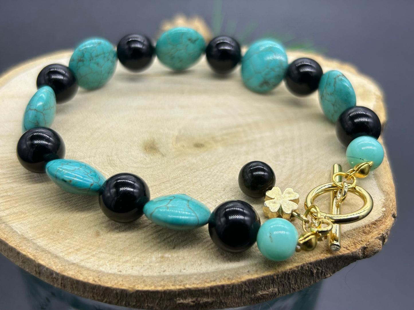 Bracelet Turquoise/Obsidienne fermoir T