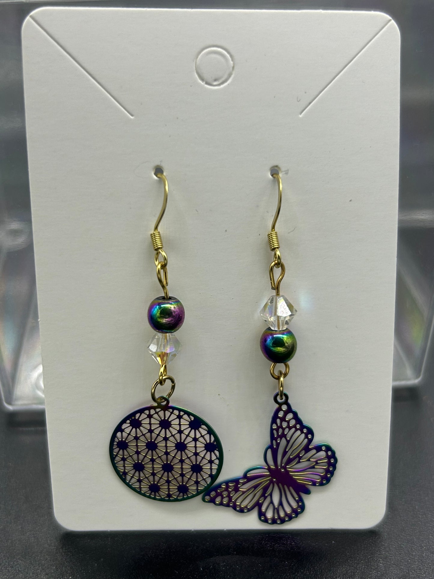 Boucles d’oreilles papillon/fleur de vie Hématite irisée