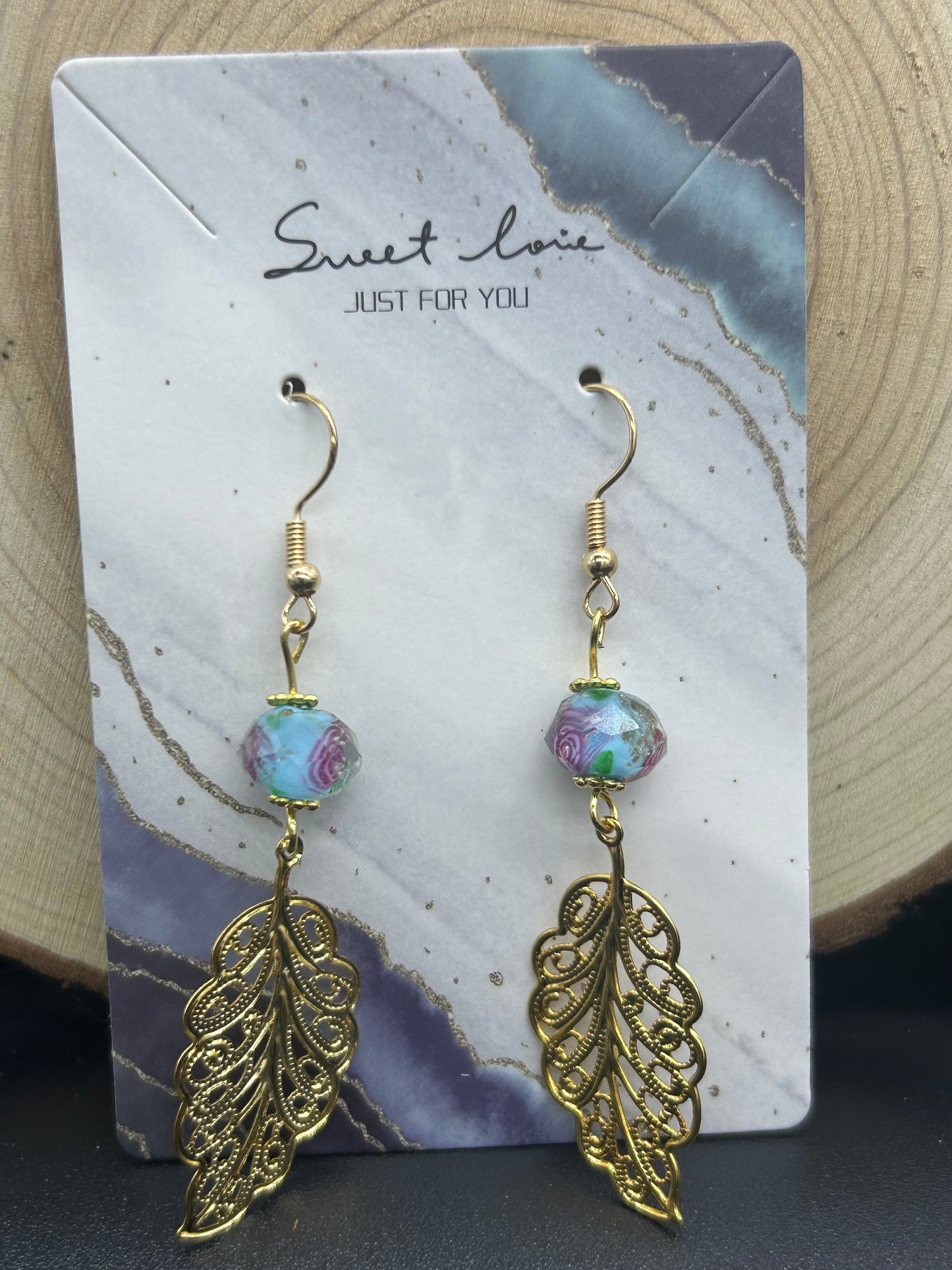 Boucles d’oreilles feuille Perle de verre/Quartz rose
