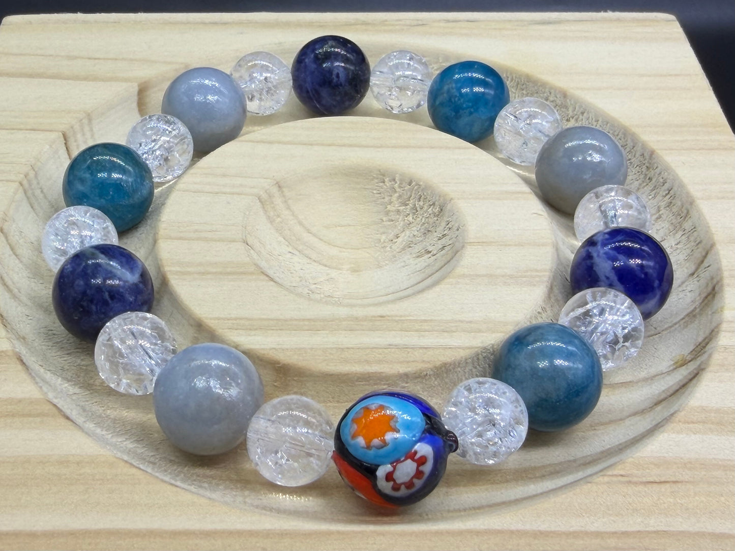Bracelet bohème Cristal de roche/Angélite/Apatite bleue/Sodalite