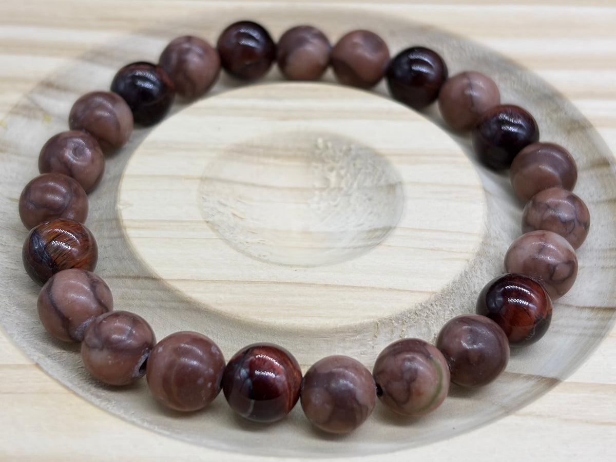 Bracelet Bois fossile rouge et Oeil de taureau