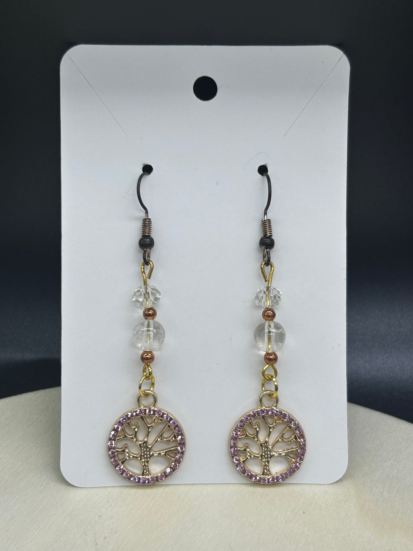 Boucles d'oreilles arbre de vie rose Cristal de roche