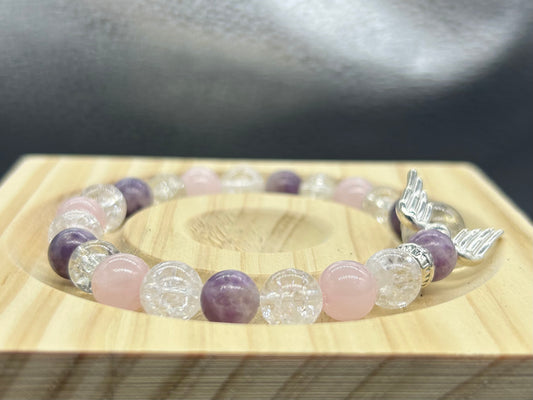 Bracelet ange Lépidolite/Quartz Rose/Cristal de Roche