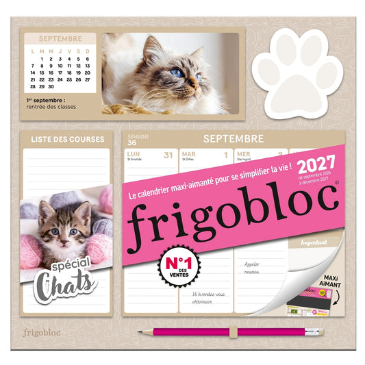 Frigobloc Hebdomadaire Chat 2027 - Calendrier organiseur familial (de sept. 2026 à déc. 2027)