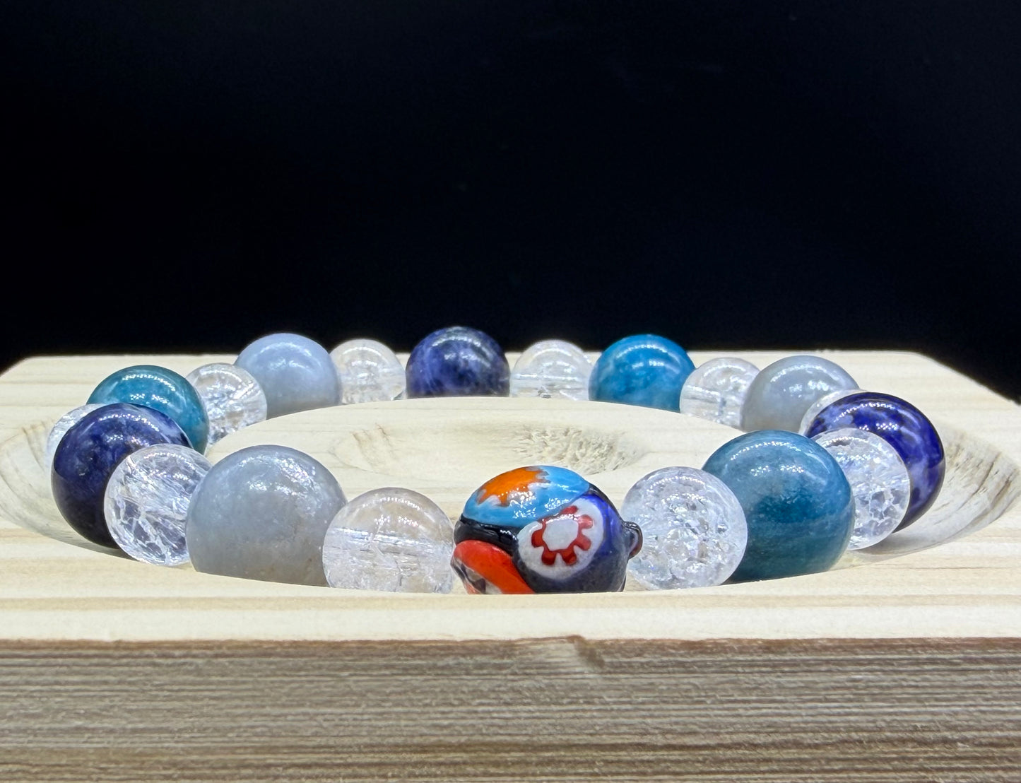 Bracelet bohème Cristal de roche/Angélite/Apatite bleue/Sodalite