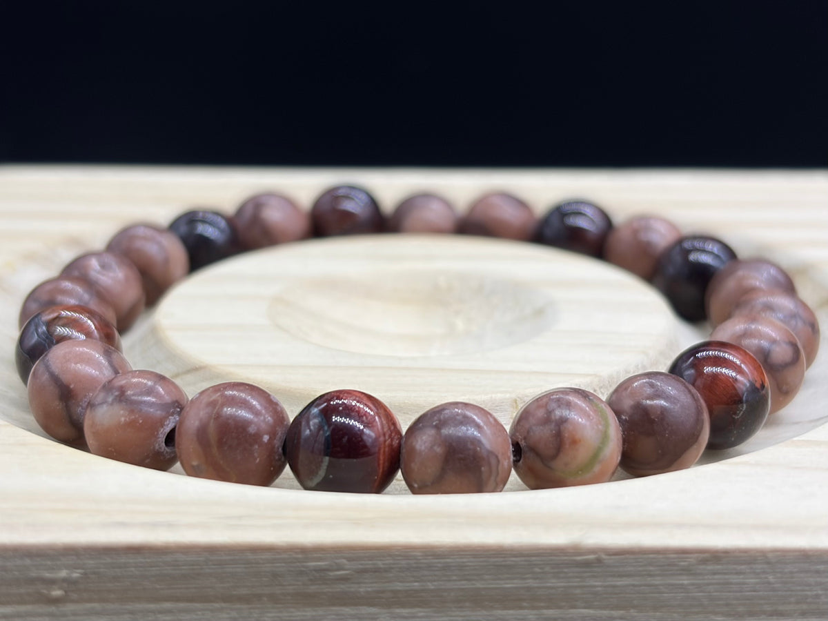 Bracelet Bois fossile rouge et Oeil de taureau