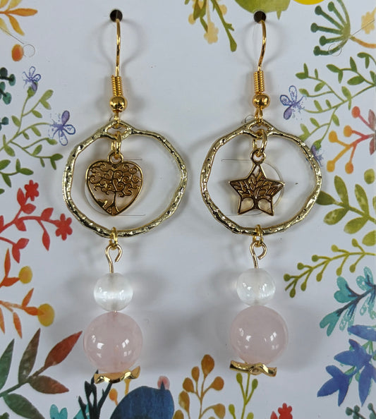 Boucles d’oreilles arbre de vie Quartz rose et Sélénite