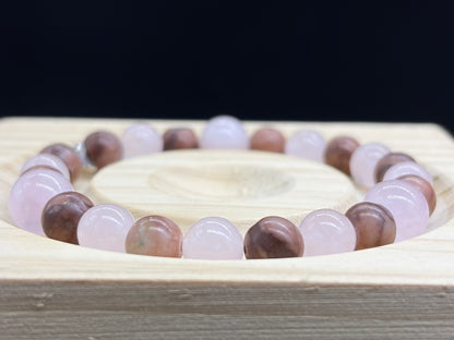Bracelet Bois fossile rouge et Quartz rose