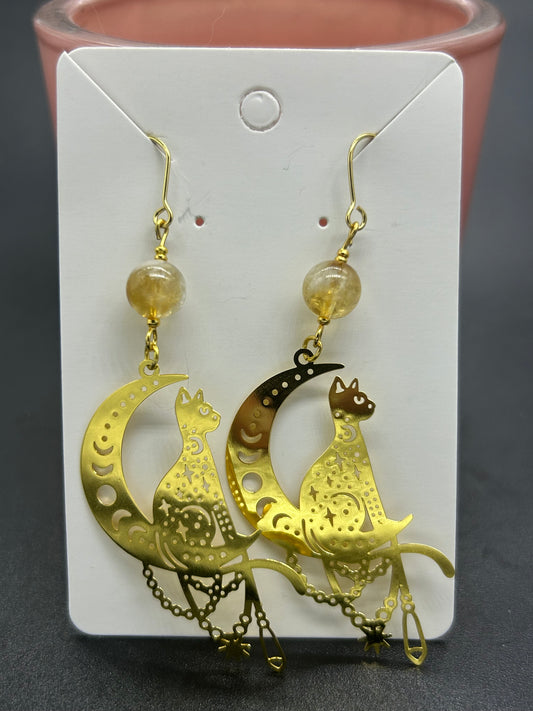 Boucles d’oreilles chats dorés Citrine