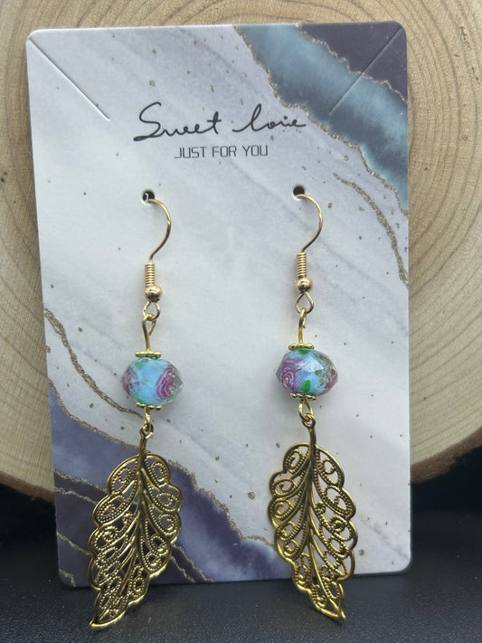 Boucles d’oreilles feuille Perle de verre/Quartz rose