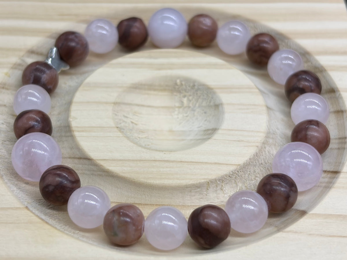 Bracelet Bois fossile rouge et Quartz rose