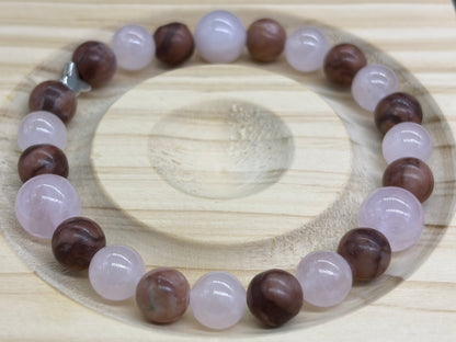Bracelet Bois fossile rouge et Quartz rose