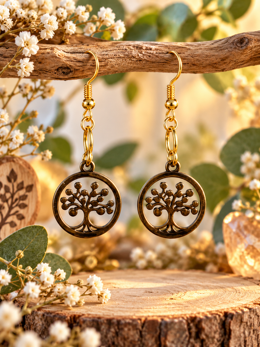 Boucles d’oreilles fantaisie arbre de vie dorée