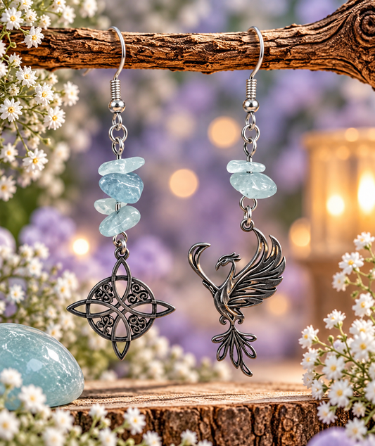 Boucles d’oreilles phénix noeud de sorcière Aigue marine
