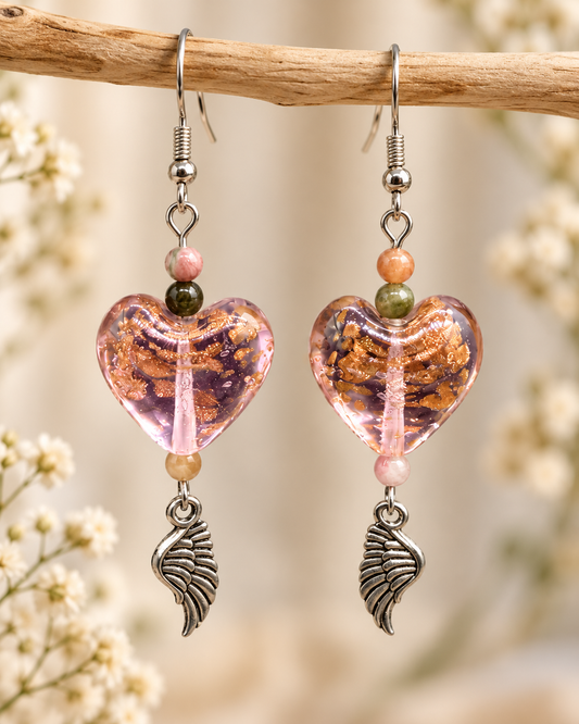 Boucles d’oreilles cœurs fantaisie plumes