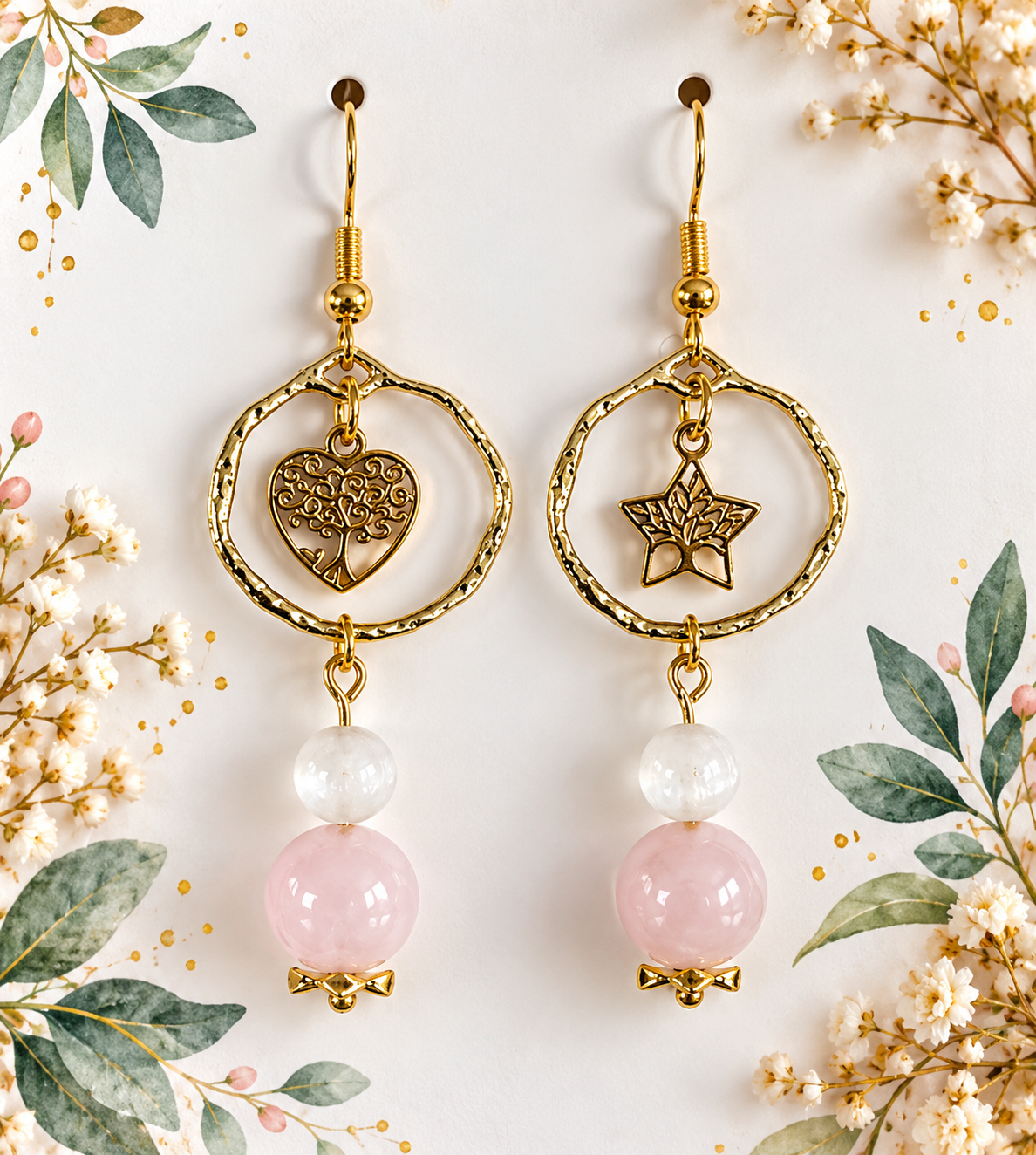Boucles d’oreilles arbre de vie Quartz rose et Sélénite