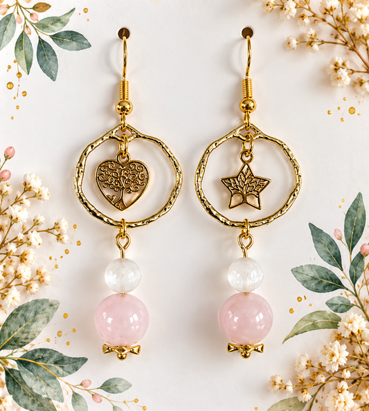Boucles d’oreilles arbre de vie Quartz rose et Sélénite