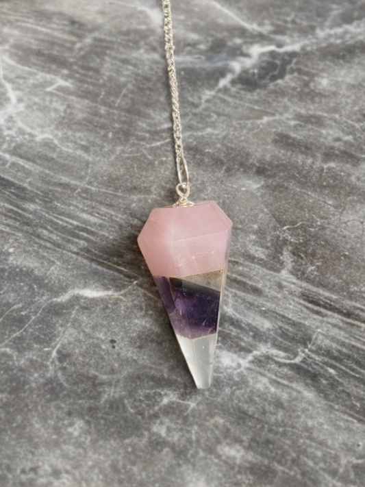 Pendule mixte Quartz Rose Fluorite Cristal de roche