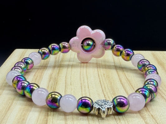 Bracelet Quartz rose et Hématite irisée Créoles flowers fantaisy