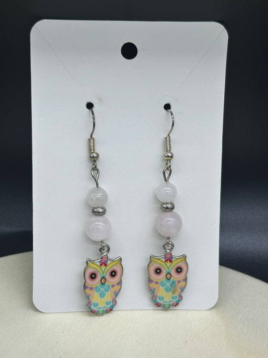 Boucles d'oreilles Hiboux Quartz rose